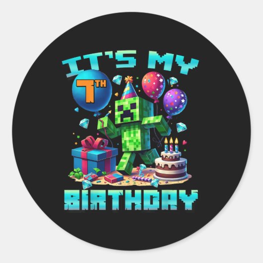 Sticker Rond Birthday Boy My 7th Birthday Gamer Pixel Numéros (Devant)