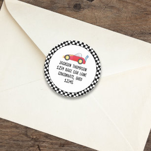 Sticker Rond Birthday Boy Race Car Whimsical Return Address