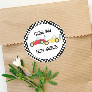 Sticker Rond Birthday Boy Simple Race Car Merci Whimsical