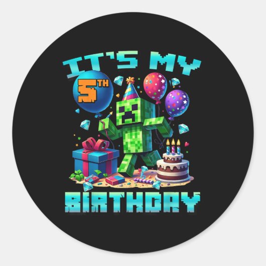 Sticker Rond Birthday Boy Son 5e Anniversaire Gamer Pixel Numér (Devant)