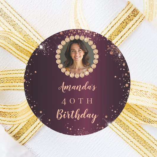 Sticker Rond Birthday burgundy rose gold photo diamonds