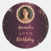 Sticker Rond Birthday burgundy rose gold photo diamonds (Devant)