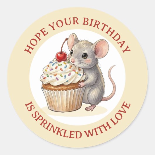 Sticker Rond Birthday Mouse with Cupcake | Sprinkled with Love (Devant)