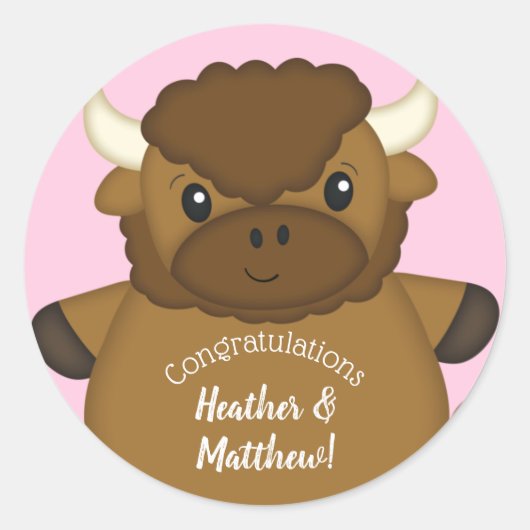 Sticker Rond Bison Baby shower Buffalo rose (Devant)
