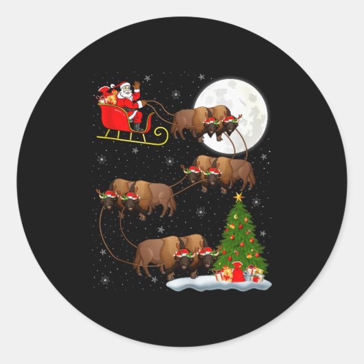 Sticker Rond Bison Santa Sleigh Flying Funny Magical Christmas  (Devant)