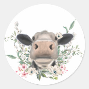 Sticker Rond bisou de nez de vache fleurs aquarelle gris animal
