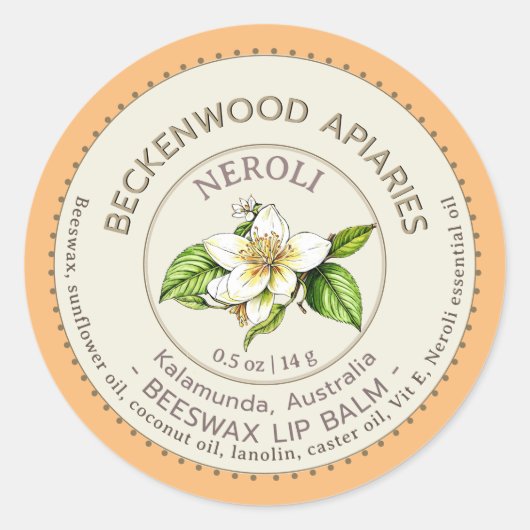 Sticker Rond Bitter Orange Neroli Lip Balm Beekeeper Apiary (Devant)