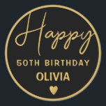 Sticker Rond Black And Gold 50th Birthday Party<br><div class="desc">Soirée de 50ème anniversaire élégant favoriser les autocollants en noir et or.Personnalisez avec le nom et l'année.</div>