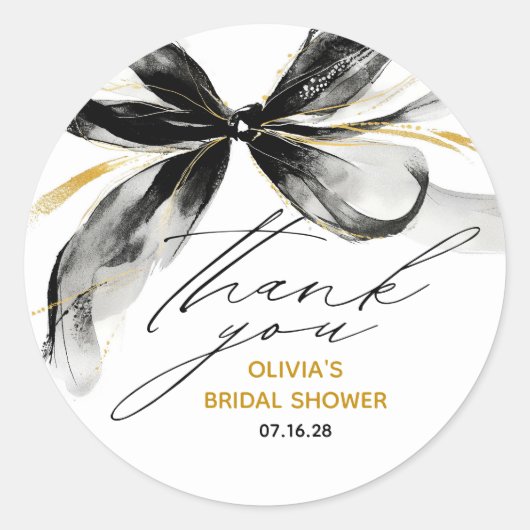 Sticker Rond Black and Gold Bow Chic Whimsical Bridal Shower (Devant)