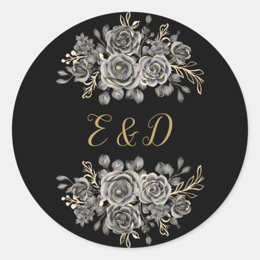 Sticker Rond Black And Gold Gothic Floral Roses Monogram (Devant)