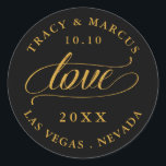 Sticker Rond Black and Gold Love Wedding Enregistrer la date<br><div class="desc">personnalisez avec vos détails mariages; basé sur l'un de mes timbres-poste les plus populaires,  mais abandonnés.</div>