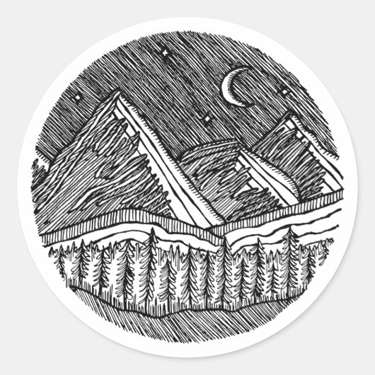 Sticker Rond Black and White Ink-Drawn Round Alp Landscape (Devant)