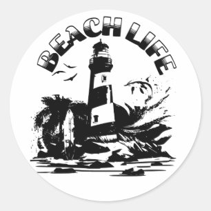 Sticker Rond Black and White Lighthouse Beach Life