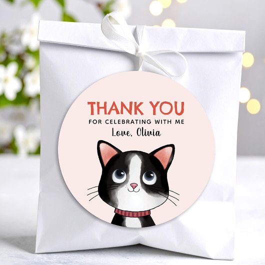 Sticker Rond Black and white little kitten thank you