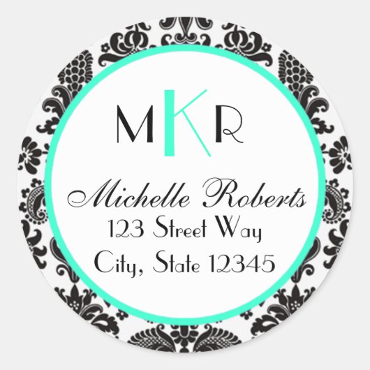 Sticker Rond Black & Aqua Damask Round Return Adresse Label (Devant)