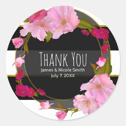 Sticker Rond Black Blanc et or Moderne Floral Chic Glam Party (Devant)