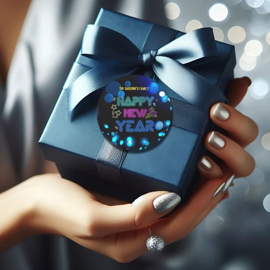 Sticker Rond Black & Blue Midnight Sparkle Neon Glow New Year