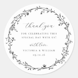 Sticker Rond Black Botanical Wreath Wedding Favor