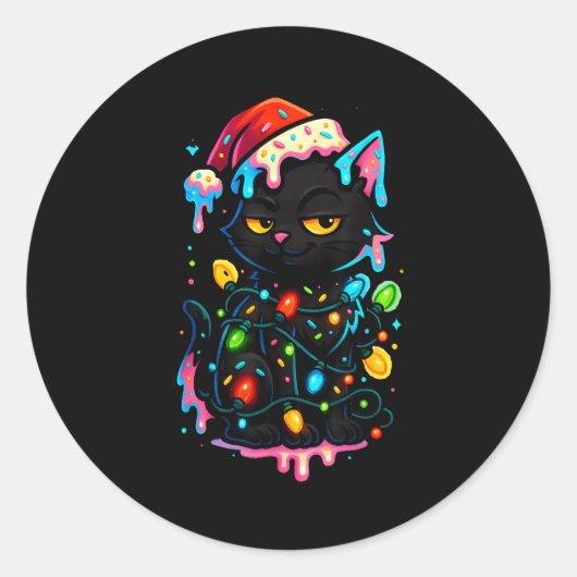 Sticker Rond Black Cat Christmas Ice Cream Drip Santa Hat Cute  (Devant)
