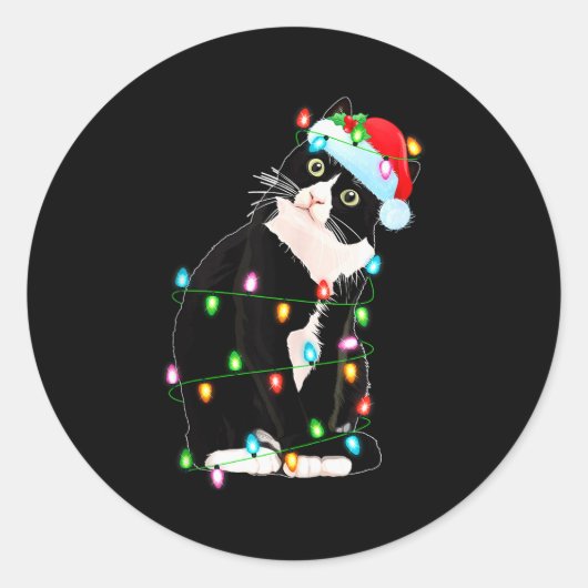 Sticker Rond Black Cat Christmas Lights Funny Santa Hat Black C (Devant)