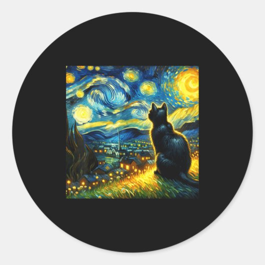 Sticker Rond Black Cat Funny Cat Lover Mom Daddy Starry Night V (Devant)