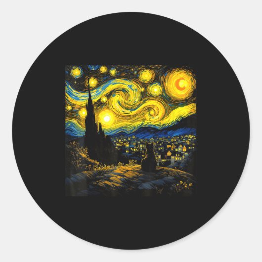 Sticker Rond Black Cat Funny Cat Lover Mom Daddy Starry Night V (Devant)