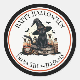 Sticker Rond Black Cat Happy Halloween Party