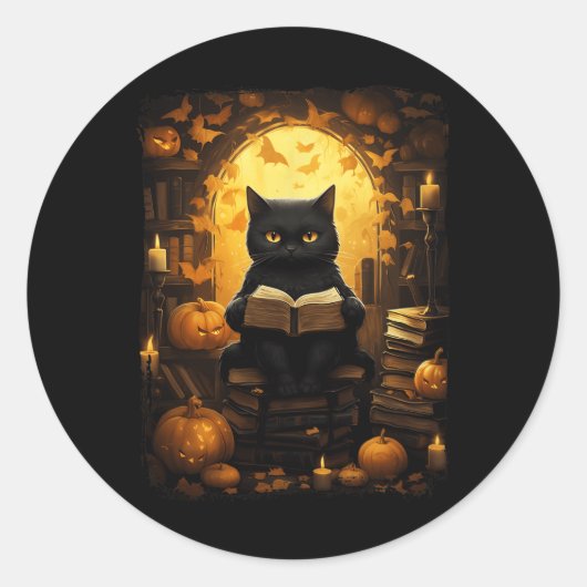 Sticker Rond Black Cat Lecture Livres Citrouille Automne Enseig (Devant)