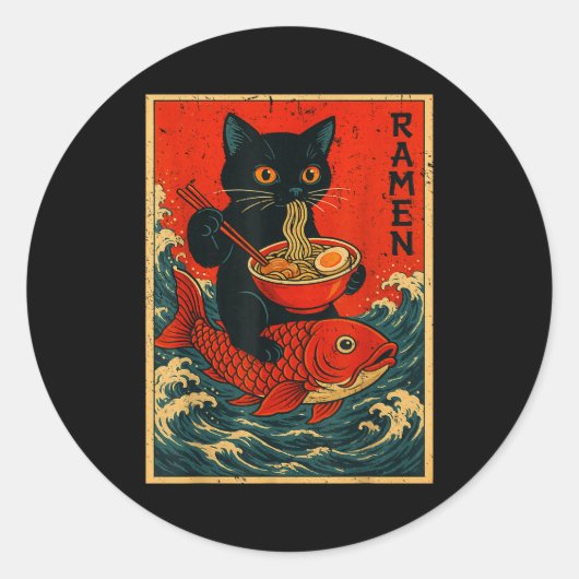 Sticker Rond Black Cat Ramen Japanese Graphic Tees For Men Wome (Devant)