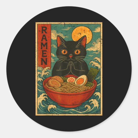 Sticker Rond Black Cat Ramen Japanese Graphic Tees For Men Wome (Devant)