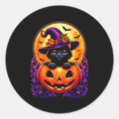 Sticker Rond Black Cat Witch Hat Pumpkin Funny Halloween Men Wo (Devant)