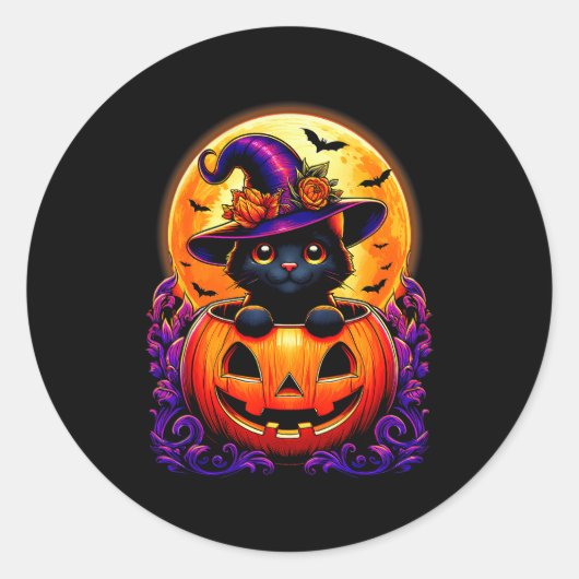 Sticker Rond Black Cat Witch Hat Pumpkin Funny Halloween Men Wo (Devant)