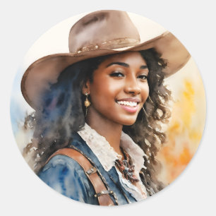 Sticker Rond Black Cowgirl Africaine Américaine Occidentale