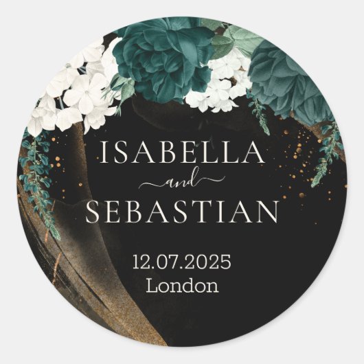 Sticker Rond Black Emerald Green Rose Floral Wedding (Devant)