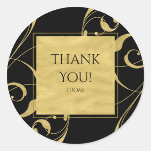 Sticker Rond Black & Faux Gold Floral Swirl Mariage élégant