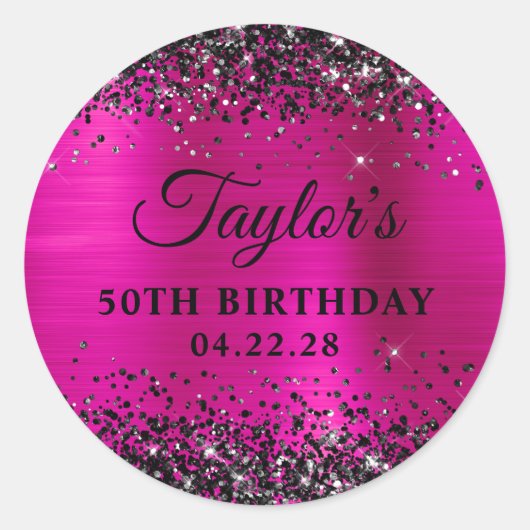 Sticker Rond Black Glitter Hot Pink Foil 50th Birthday (Devant)