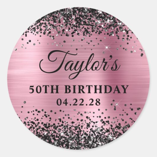 Sticker Rond Black Glitter Pink Foil 50th Birthday (Devant)