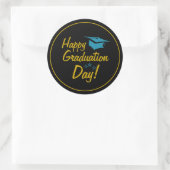 Sticker Rond Black Gold Bleu Joyeux Jour de Graduation Script (Sac)