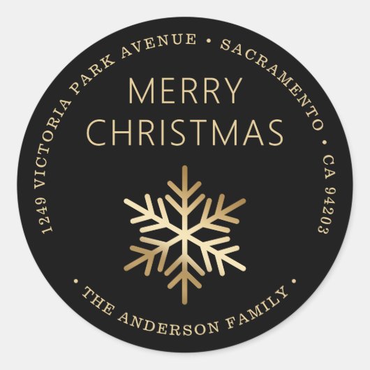 Sticker Rond Black Gold Christmas Snowflake Return Address (Devant)