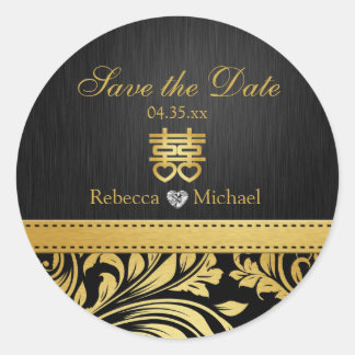 Sticker Rond Black & Gold Damask, Chinois Double Bonheur