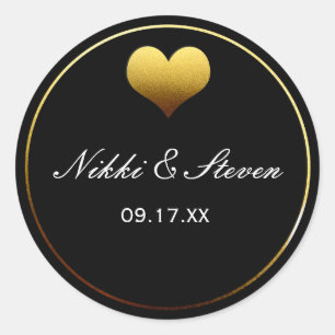 Sticker rond Black & Gold Foil Coeur Étiquette Fav
