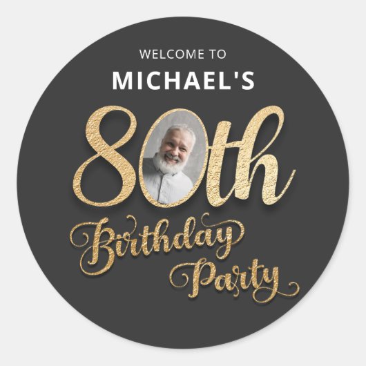 Sticker Rond Black Gold Foil Custom Photo 80th Birthday  (Devant)