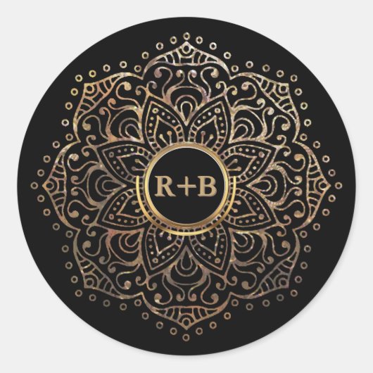 Sticker Rond Black Gold Foil Mandala Boho Wedding Favor (Devant)