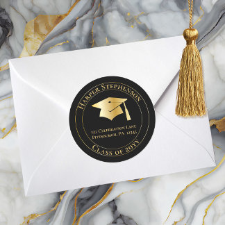 Sticker Rond Black Gold Graduation Cap Class of 2026 Return Add