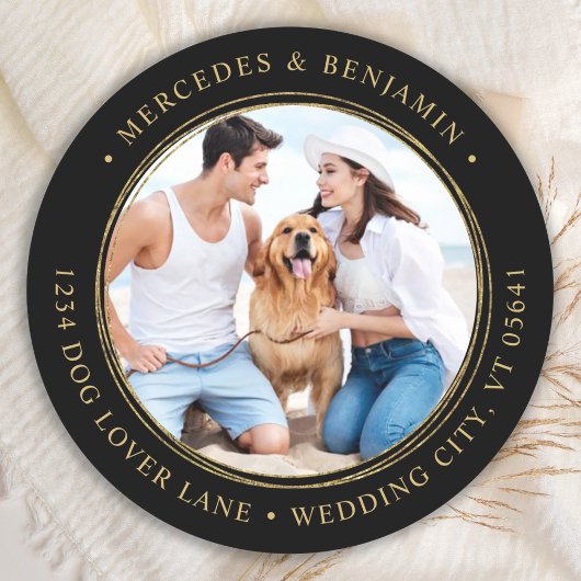 Sticker Rond Black Gold Mariage Custom Photo Return Adresse