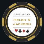 Sticker Rond Black Gold Poker Chip Las Vegas Casino Mariage<br><div class="desc">Se marier à Las Vegas ou une autre ville de casino amusante ? Ou avoir un mariage à thème casino ? Ces autocollants en or, blanc et noir complèteraient parfaitement les faveurs de vos invités ou bien scelleraient leurs invitations. Personnalisez votre design avec vos noms dans une couleur dorée au...</div>