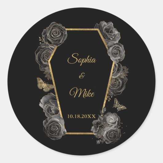 Sticker Rond Black & Gold Rose café gothique élégant mariage (Devant)