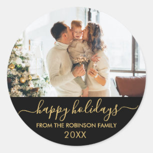 Sticker Rond Black Gold Script Famille Photo Joyeux Vacances