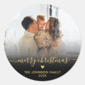 Sticker Rond Black Gold Script Family Photo Joyeux Noël (Devant)