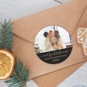 Sticker Rond Black Gold Script Family Photo Joyeux Noël